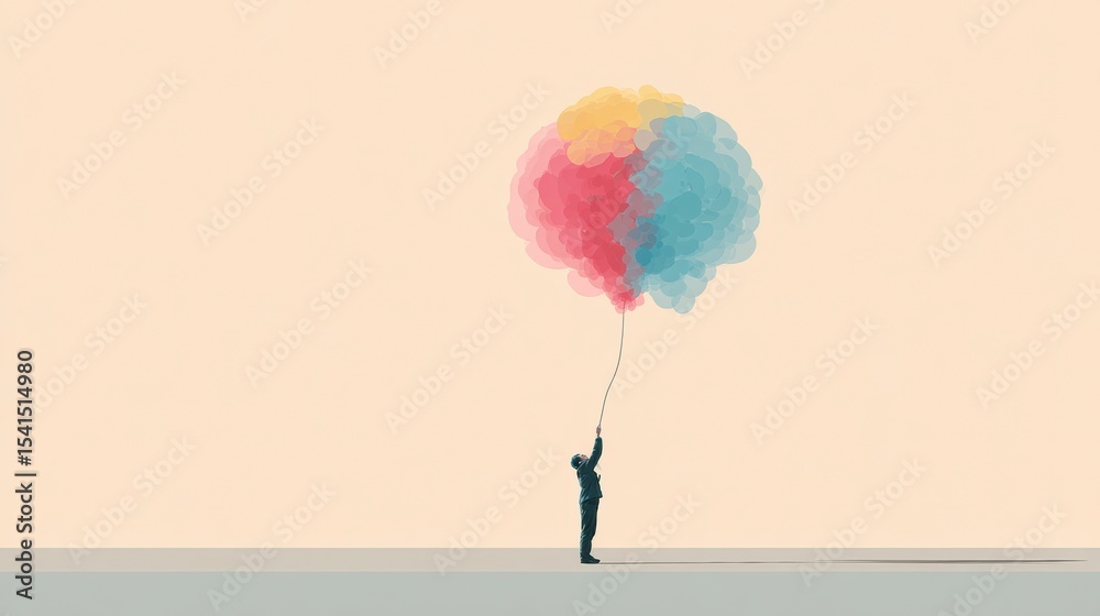 Fototapeta premium Silhouette Holding Explosive Brain-Shaped Balloon Against Minimal Pastel Background in Creative Display