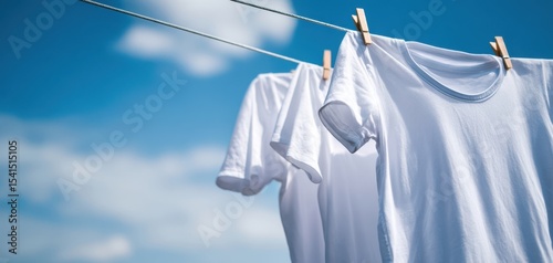 The white shirts hanging on a clothesline against a bright blue sky.
