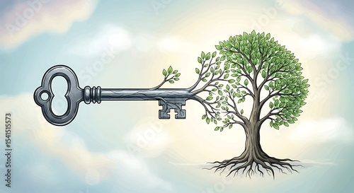 Hand Drawn Key Tree Transformation - Conceptual Growth Vector