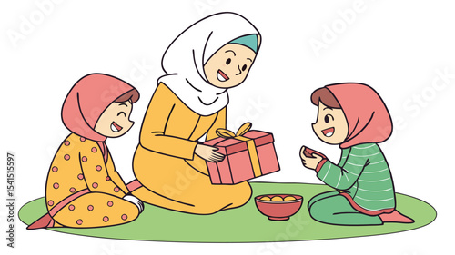 A mother in hijab giving a gift to her daughters who are also wearing hijabs while sitting on a green mat