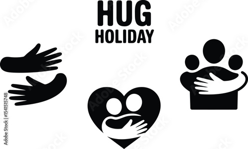 Black silhouette icon set for Hug Holiday. Solid black vector pictograms featuring hugging hands, arms embracing, heart shapes, two figures hugging (simplified shapes without details), warmth symbol, 