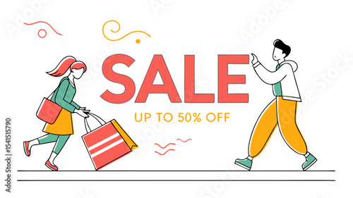 Illustration showing a woman with shopping bags and a man promoting a sale up to fifty percent off