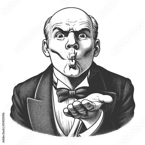 Funny bald Victorian man puckering his lips and blowing a kiss with a humorous expression sketch engraving generative ai fictional character vector illustration. Scratch board. Black and white image.