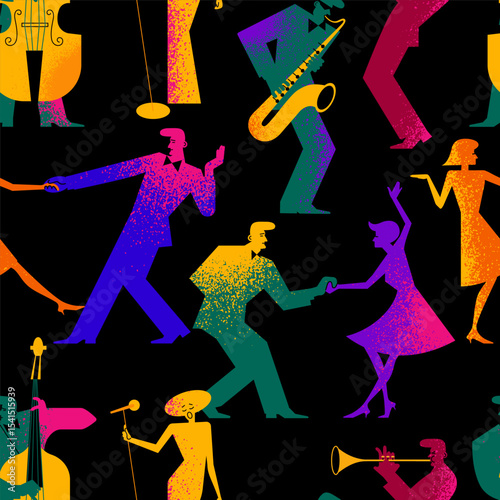 dancing people and musicians with texture make up seamless pattern