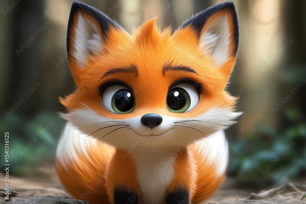 Fototapeta premium Cute animated fox character in a forest background with bright colors and expressive eyes