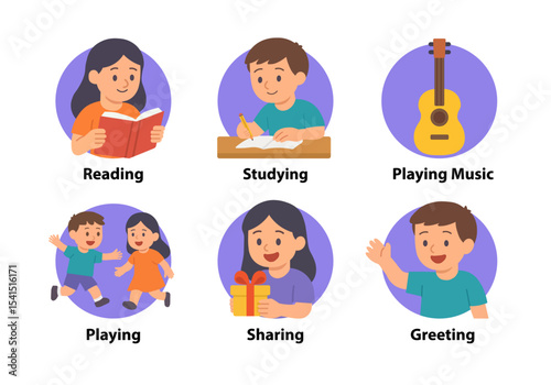 Daily Activities Icons for Kids – Reading, Studying, Playing, and More – Flat Vector Illustration