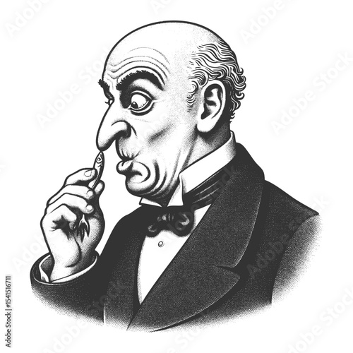 Funny man with a large nose staring curiously at a tiny fish held near his face sketch engraving generative ai fictional character vector illustration. Scratch board imitation. Black and white image.