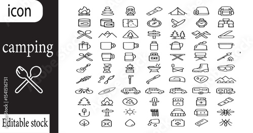 A collection of camping related icons displayed in a grid format with various outdoor symbols present