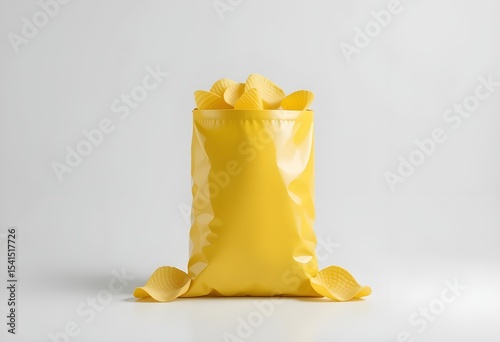 Glossy White Potato Chips Bag with Golden Ridged Chips – Minimalist Snack Packaging Mockup