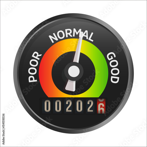 Quality Control Dial Showing 2026 With Performance Arrow, Evaluation Speed Gauge, Improvement Tracker And Progress Meter. Editable Vector Illustration.