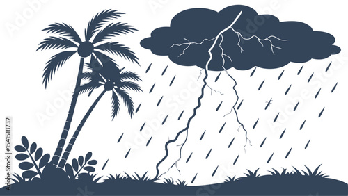 Silhouette of palm trees and foliage under a stormy cloud with lightning and heavy rain falling down hard