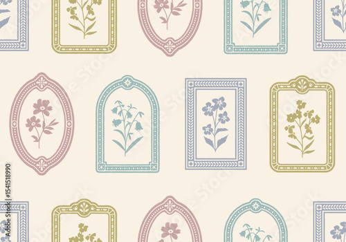 Framed hand-drawn flowers seamless vector pattern. Vintage ornamental frames and delicate flowers. Botanical wallpaper for packaging, stationery, or textiles.