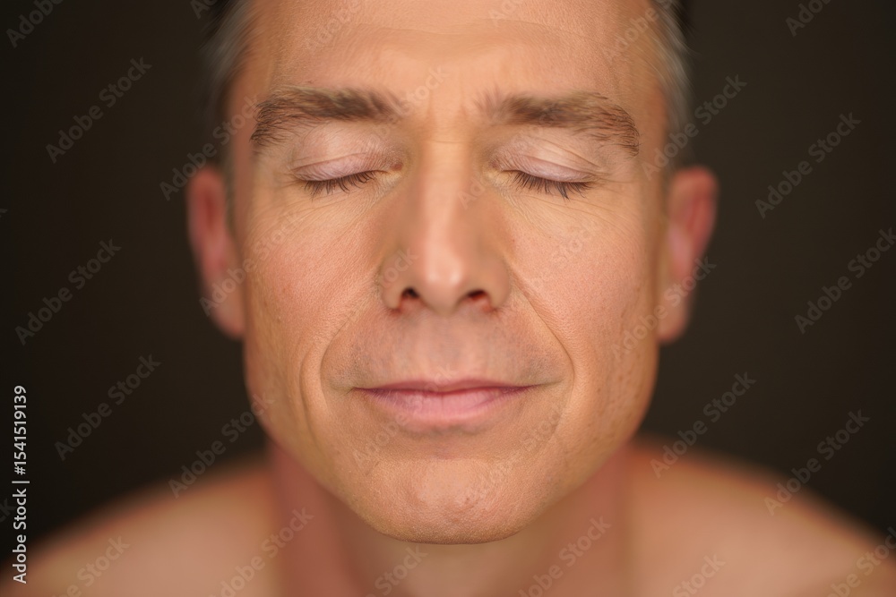 Obraz premium Close-up portrait of a serene middle-aged man with closed eyes, showcasing a calm expression and smooth skin, conveying tranquility and inner peace in a soft-lit environment