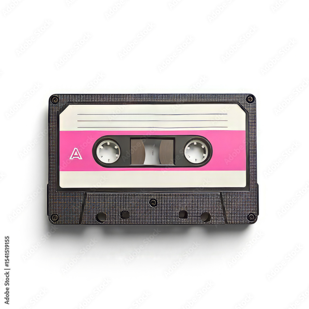 Fototapeta premium Vintage audio cassette tape with pink label, isolated on white background.