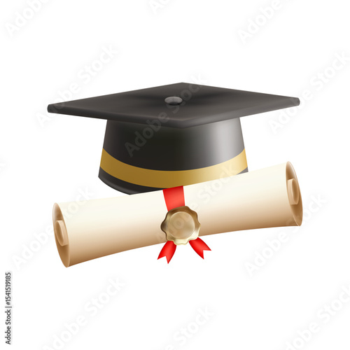 3d diploma scroll with graduate hat. Vintage roll paper