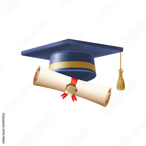 3d diploma scroll with graduate hat. Vintage roll paper