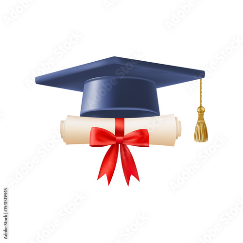 3d diploma scroll with graduate hat. Vintage roll paper