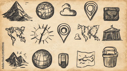 Vintage hand drawn travel and location sketch icons with world map sun air plane landmarks mountains and pins for tourism or explorer theme