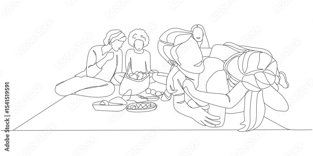 Family Picnic & Playtime – Minimalist Continuous‑Line BBQ and Sandbox Scene Family Picnic & Playtime – Minimalist Continuous‑Line BBQ and Sandbox Scene