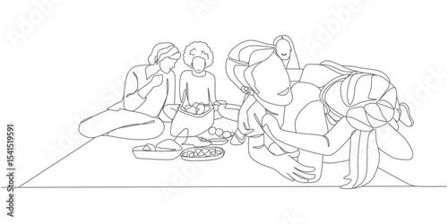 Family Picnic & Playtime – Minimalist Continuous‑Line BBQ and Sandbox Scene