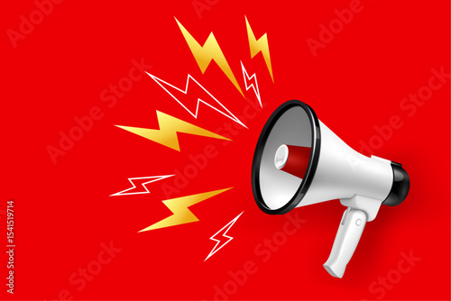 loudspeaker megaphone with lightings red background.
