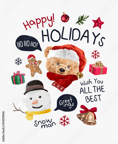 happy holidays slogan with cute bear doll and snowman in Christmas theme vector illustration
