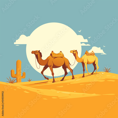 Flat vector illustration of two camels. Camels in the desert. Vector EPS 10