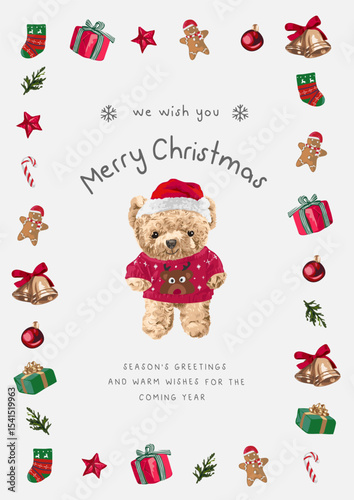 cute Christmas greeting card with bear doll in Christmas items border vector illustration