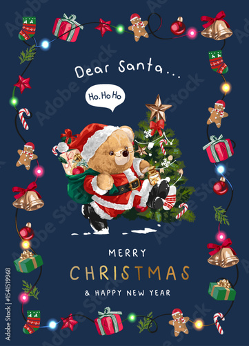 Christmas greeting card with bear doll in Santa Claus costume vector illustration