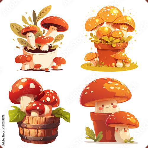 Set of flat vector illustration of mushrooms in pot on white background