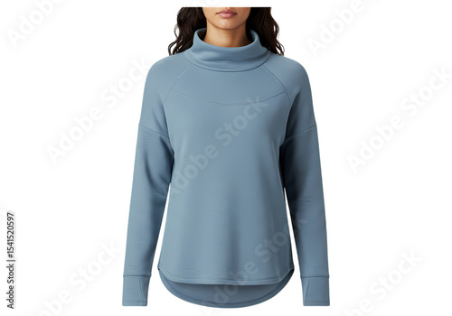 Powder Blue Mock Neck LongSleeve Top A Relaxed Fit for Everyday Wear isolated on transparent baackground