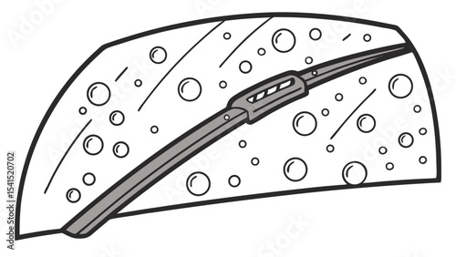 Illustration of a car windshield with raindrops and a wiper blade cleaning the glass surface cleanly