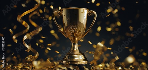 The gleaming trophy surrounded by confetti and celebratory decorations.