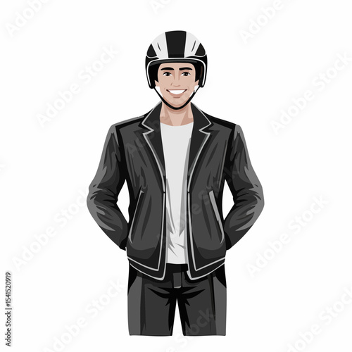Man in Black Jacket and Black Helmet Standing Image vector isolated on white background