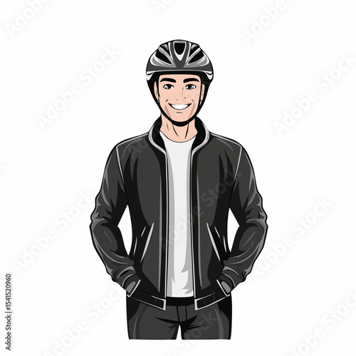 Man in Black Jacket and Black Helmet Standing Image vector isolated on white background