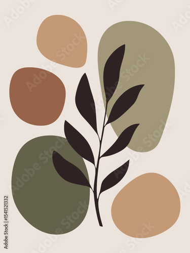 Modern botanical minimalist abstract composition with green and terracotta organic shape leaves