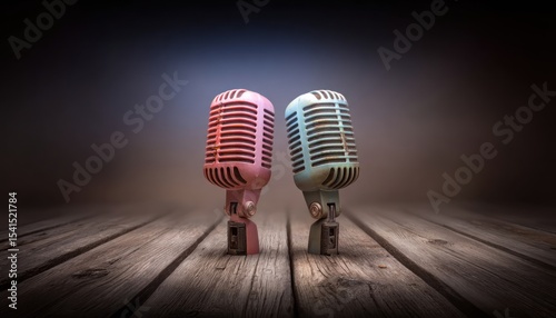 Two vintage microphones on a wooden stage