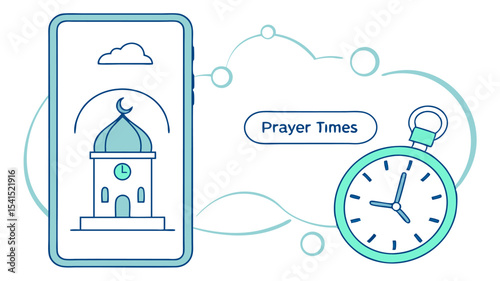 Smartphone displaying a mosque icon with prayer times and a clock indicating time management app concept