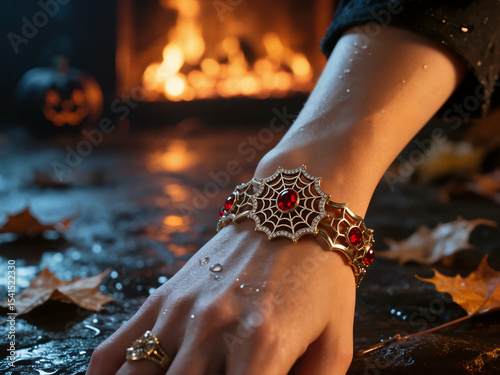 A golden spiderweb bracelet, featuring a prominent red gemstone, is elegantly worn on a hand. Water droplets and fallen leaves suggest a mysterious, autumnal outdoor setting.