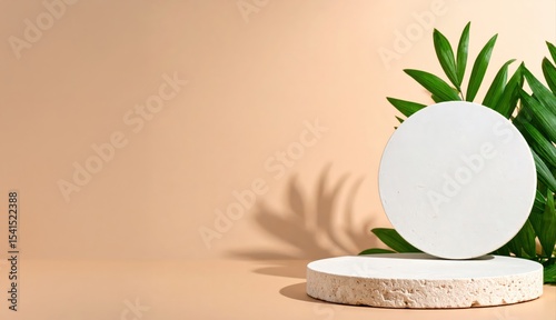 Beige Background with Round Stone and Green Leaves