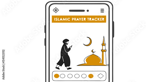 Islamic prayer tracker application on a mobile phone with a muslim man mosque and crescent moon design