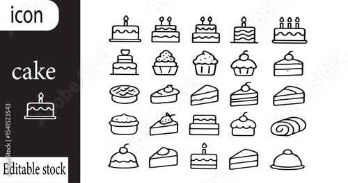 A collection of cake icons featuring various cake designs from single layer to tiered and sliced desserts