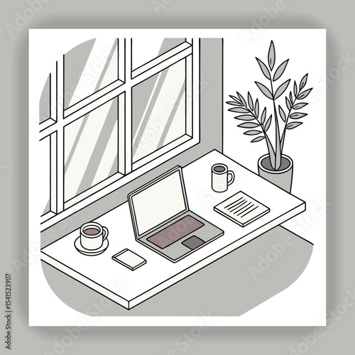 
Isometric view of modern office desk with flat design