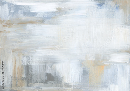 Аcrylic modern textured background with paint brush strokes. Neutral template in white, beige, brown, blue, grey colors. Hand drawn painting on canvas. Fragment of abstract contemporary art work