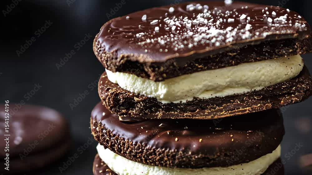 Cream filled chocolate biscuits on display with a rich dark background for an enticing dessert appeal, Cream Filled Chocolate Biscuits Rotating