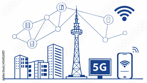 A dynamic 3D business graph illustrates a social network concept with interconnected data, symbols, and communication icons