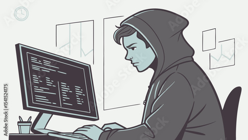Man with laptop and woman in office working on computer, vector illustration of internet security worker at desk