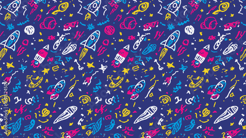 Colorful rockets soar upward within a whimsical cosmic abstract backdrop illustration