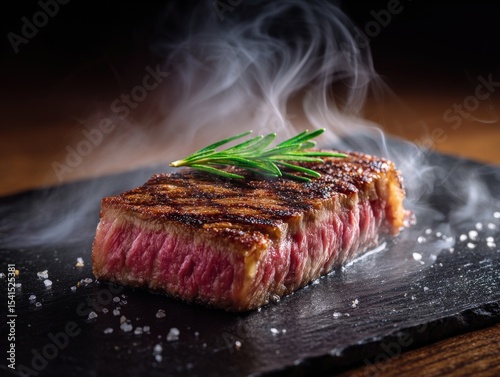 Juicy Grilled Wagyu Steak With Fresh Herbs on a Black Stone Surface