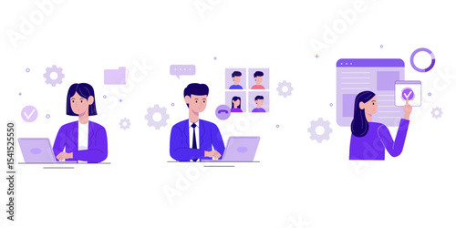 Business set, characters using laptop working on business tasks, marketing, content creation, management, vector illustration.